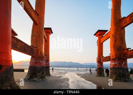 Asia, Japan, Honshu, Hiroshima prefecture, Miyajima island, floating torii gate of Itsukushima jinja at low tide, Unesco site Stock Photo