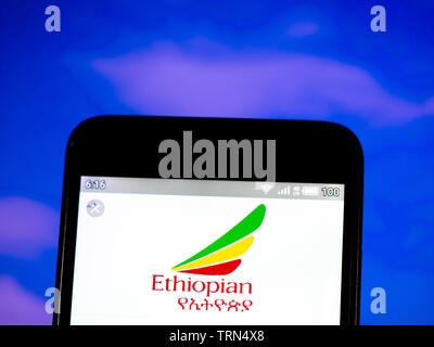 In this photo illustration the Ethiopian Airlines logo is seen displayed on a smartphone Stock Photo