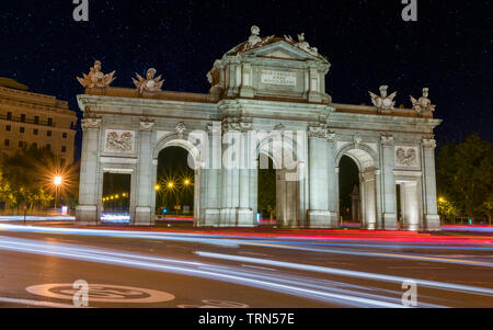 View of Puerta de Alcala at night with a starry sky, Madrid, Spain Stock Photo