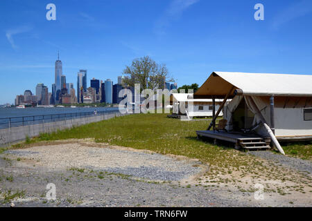 Glamping tents on Governors Island, New York City Stock Photo