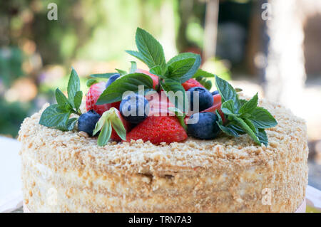 Homemade cake blueberries strawberries and peppermint herb decoration details Stock Photo