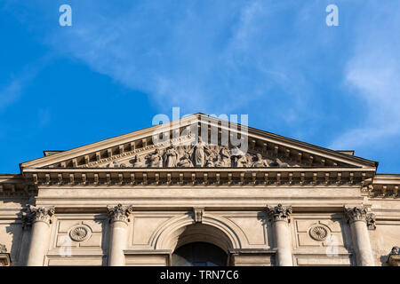 Church of All Saints pediment in Warsaw, Poland, architectural detail. Stock Photo