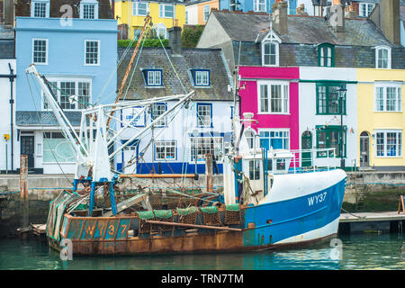 Weymouth Harbour (or the Old Harbour) a picturesque harbour with 17th-century waterfront at seaside town Weymouth in Dorset, southern England. UK. Stock Photo