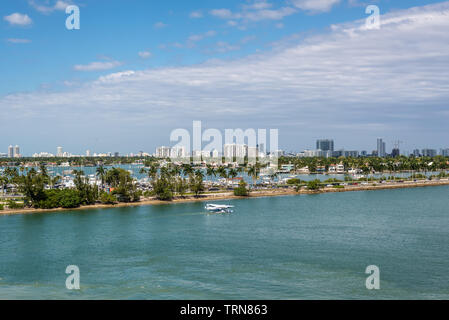 Miami, FL, United States - April 20, 2019:  View of MacArthur Causeway and Venetian Islands at Biscayne Bay in Miami, Florida, United States of Americ Stock Photo