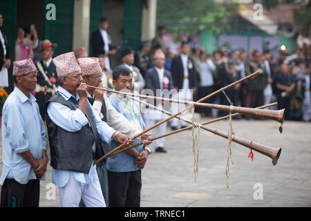 Kathmandu, Nepal, 09 June, 2019. Peoples participate in traditional Music instrument that using in the Rato Machindranath Festival. Saria Khadka/Alamy Stock Photo