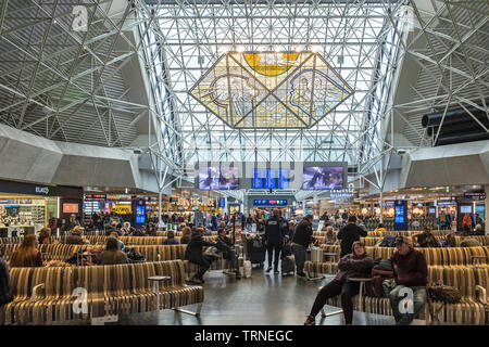 In the departure lounge at Keflavík International Airport, Iceland. Íkarus (Icarus), a large stained glass artwork by artist Leifur Breiðfjörð Stock Photo