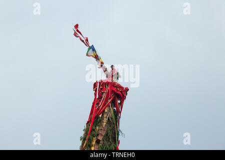 Kathmandu, Nepal, 09 June, 2019. A man on the top of chariot Rath which is made by bamboo wood . Sarita Khakda/Alamy Live News Stock Photo
