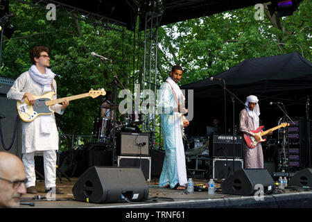 Paris, France. 9th June, 2019. Mikey Coltun, Souleymane Ibrahim, Mdou Moctar, Ahmoudou Madassane perform on stage at the Villette Sonique. Stock Photo