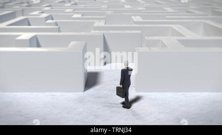 toy miniature businessman figurine entering a white maze structure, 3d illustration Stock Photo