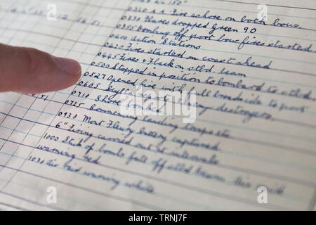 London, UK. 6th June 2019. Imperial War Museum marks 75th anniversary of the D-Day landing on board HMS Belfast. The ship's original D-Day log book is displayed on the Captain's Bridge – on loan from The National Archives – which records the original entries from D-Day. Credit: Guy Corbishley/Alamy Live News Stock Photo