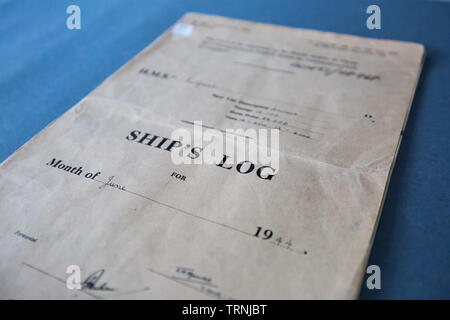 London, UK. 6th June 2019. Imperial War Museum marks 75th anniversary of the D-Day landing on board HMS Belfast. The ship's original D-Day log book is displayed on the Captain's Bridge – on loan from The National Archives – which records the original entries from D-Day. Credit: Guy Corbishley/Alamy Live News Stock Photo