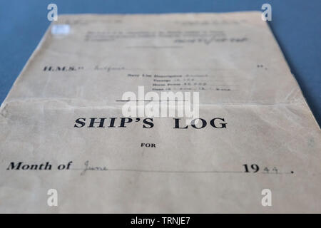 London, UK. 6th June 2019. Imperial War Museum marks 75th anniversary of the D-Day landing on board HMS Belfast. The ship's original D-Day log book is displayed on the Captain's Bridge – on loan from The National Archives – which records the original entries from D-Day. Credit: Guy Corbishley/Alamy Live News Stock Photo