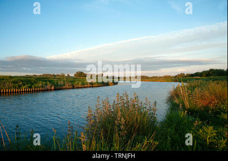 The River Lark running through The Fens at dusk in Isleham Stock Photo