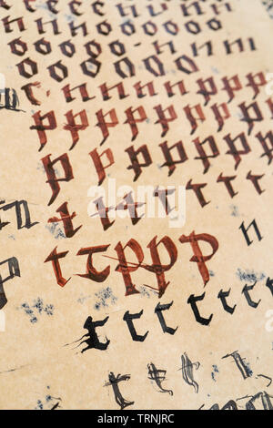 Exercises on spelling and calligraphy on yellow paper with a bird feather. Stock Photo