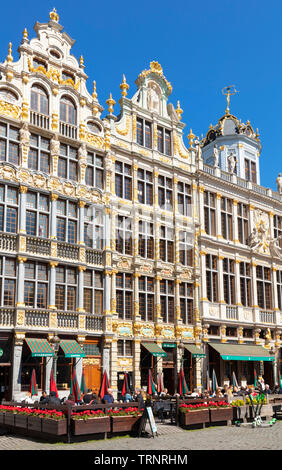 Brussels grand place Brussels ornate gables on guild halls with shops and cafes in the grand place Bruxelles city centre Brussels Belgium Eu Europe Stock Photo