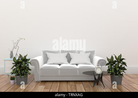White living room interior with fabric sofa ,lamp and plants on empty white wall. 3d rendering Stock Photo