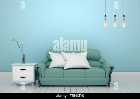 Living room - sofa and pillows, lamp, vase with flowers on green mint wall background, 3D rendering Stock Photo