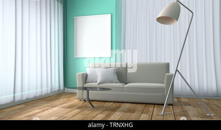 Mint Living Room Interior Design - Green mint style with sofa table lamp and frame, wooden floor on green mint wall background. 3D rendering Stock Photo