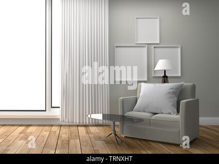 Frame on empty white wall background - Scandinavian style - White room with pillow on sofa and table. 3D rendering Stock Photo