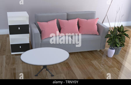 Pink pillow on sofa - Living Room interior. 3D rendering Stock Photo