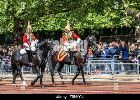 A Life Guards on horseback in full ceremonial uniform  riding along The Mall at The Trooping The Colour ceremony ,London, UK,  2019 Stock Photo