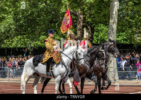 Life Guards of the Household Cavalry Mounted Regiment on horseback riding along The Mall at Trooping The Colour ceremony ,London,UK,  2019 Stock Photo