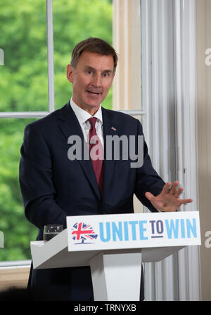 London, UK. 10th June, 2019. Jeremy Hunt Leadership speech, London, UK. 10th June, 2019. Leadership candidate, Jeremy Hunt, gives his speech in his bid to become the Leader of the Conservative party. His slogan is 'Unite to win'. Credit: Tommy London/Alamy Live News Stock Photo