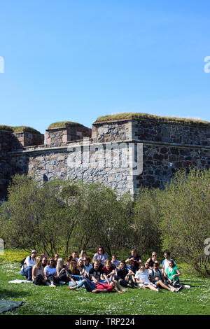 Haaga-Helia  university of applied sciences students on a field trip in Fortress of Suomenlinna in Helsinki, Finland Stock Photo