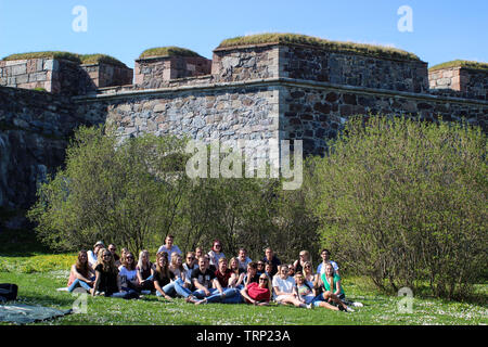 Haaga-Helia  university of applied sciences students on a field trip in Fortress of Suomenlinna in Helsinki, Finland Stock Photo