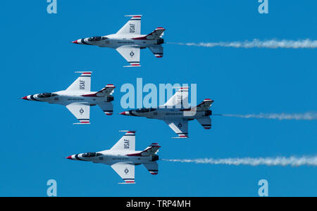 Wantagh, New York, USA - 24 May 2019: The United States Air Force Thunderbirds in diamond formation at a free practice round Friday of Memorial day we Stock Photo