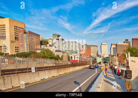 Boston, MA, USA-20 October, 2018: Boston MBTA subway lines, train crossing Longfellow bridge over scenic Charles river Stock Photo