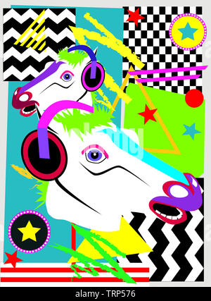 Abstract background with horse heads and headphones beats, music pop art neon background Stock Photo