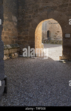 Patio door of the Castle of Garci Franco de Toledo of the XV century, of Gothic style in Villafuerte de Esgueva, Valladolid, Spain. Stock Photo