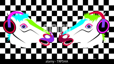 Abstract background with horse heads and headphones beats, music pop art neon background Stock Photo