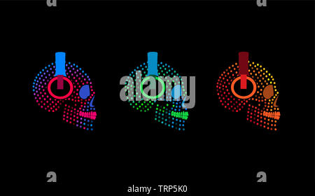 Skull icons with headphones, halftone neon color background Stock Photo