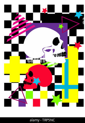 Skull colorful poster with inverted cross, cubes and stars, pop art background vector illustration Stock Photo