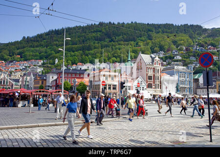 view of Bergen street with Mount Floyen in the background, Norway Stock Photo