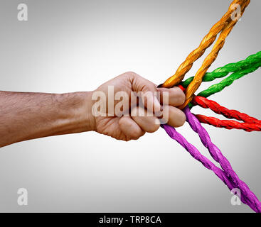 Group management concept connected as many different ropes tied and linked together as an unbreakable chain as a trust and faith metaphor. Stock Photo