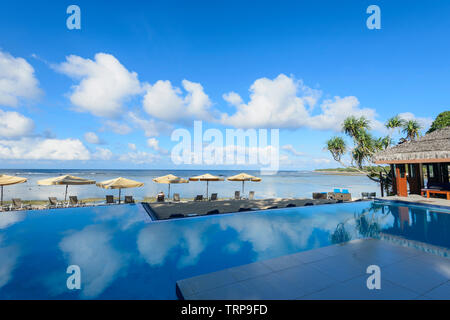 Swimming pool and beachfront at Breakas Resort, Port Vila, Vanuatu, Melanesia Stock Photo