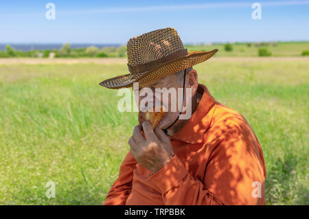 Hungry senior farmer eating handmade patty under tree shadow near his field Stock Photo