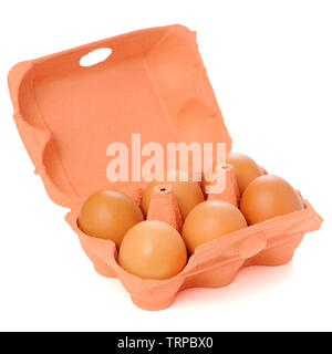 Six eggs in cardboard package isolated on white background Stock Photo