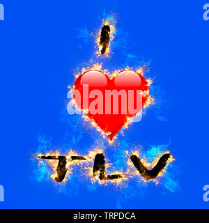 Digitally enhanced image of I love TLV (Tel Aviv, Israel) with a flaming heart shaped graphic on blue  background Stock Photo