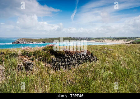 The award winning Crantock Beach seen from Pentire Point West in Newquay in Cornwall. Stock Photo