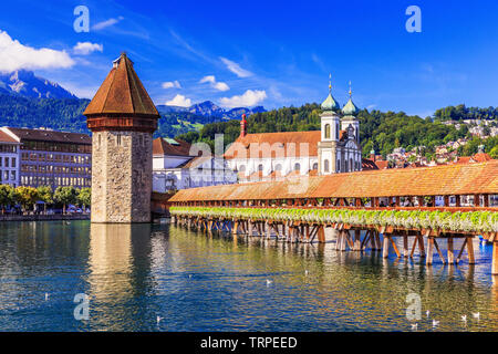 Lucerne, Switzerland. Historic city center with its famous Chapel Bridge.(Vierwaldstattersee) Stock Photo