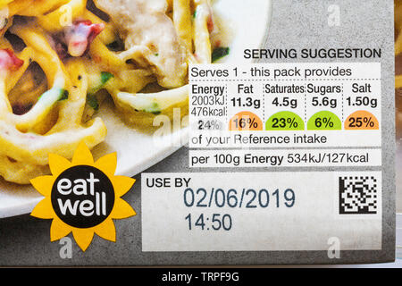 Nutritional information traffic lights system labelling colour coded label on pack of Chicken & Bacon Carbonara M&S Food Balanced for You Stock Photo