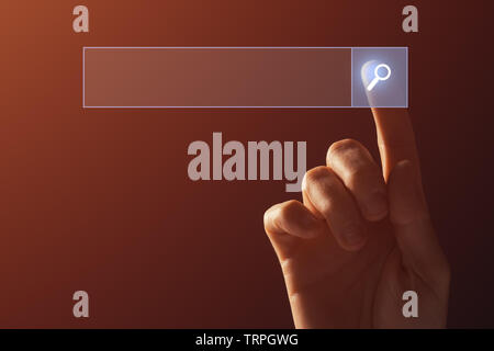 Internet search concept, finger clicking virtual screen. Mock up blank copy space. Stock Photo