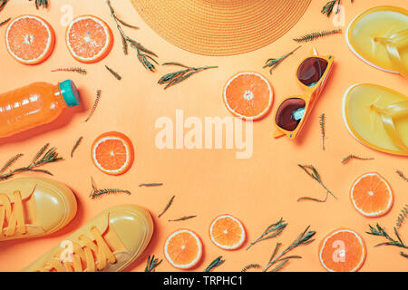 Top view flat lay summertime beach accessories with copy space Stock Photo