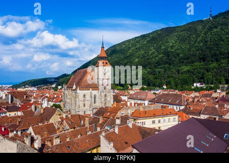 Brasov, Transylvania. Romania. Panoramic view of the old town center and Tampa mountain. Stock Photo