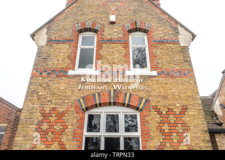 Kingdom Hall of Jehovah’s Witnesses. Gable end of a period building from 1861, located in Ealing Green, London W5, England, UK. Stock Photo