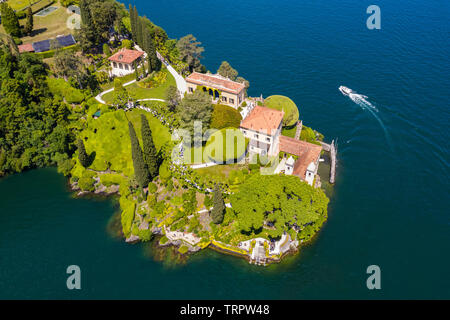 Aerial view of the Villa del Balbianello, on the Lavedo peninsula. Lenno, Tremezzina, Como Lake, Lombardy, Italy. Stock Photo